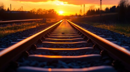 Fototapeta premium Sunset over railway tracks in countryside, capturing the scenic beauty of golden light reflecting off the rails and extending into the horizon.
