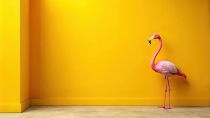 Pink flamingo standing in corner of empty yellow wall background, pink, flamingo