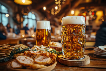 Oktoberfest celebration filled with a festive atmosphere, showcasing traditional elements like beer, pretzels, and lively decorations.