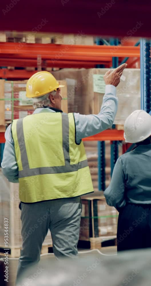 Canvas Prints Walking, people and discussion for stock in warehouse, talking and woman in logistics, inventory and cargo. Factory, planning and pointing for supply chain, man and inspector with tablet and storage