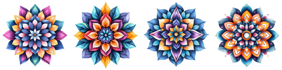 Vibrant floral designs featuring intricate mandalas with colorful petals. Perfect for art, crafts, and decorative purposes.