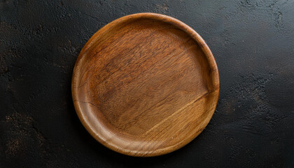 Handcrafted round wooden plate. Empty plate for food. Mock-up. Close-up. Top view