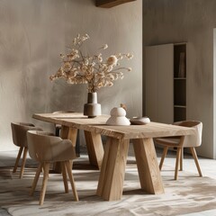 This dining setup features a stunning vintage-style table measuring 200cm in length, complemented by light oak legs and a beautiful arrangement of decorative elements.
