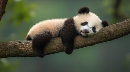 lazy panda lying down on the branch tree