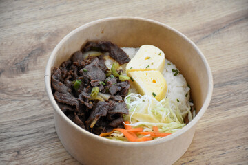 Korean food with beef and egg heart and rice