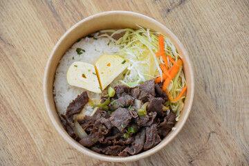 Korean food with beef and egg heart and rice
