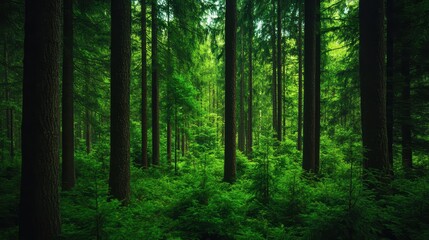 Obraz premium Lush green forest with tall trees and dense foliage, providing a serene and tranquil nature scene perfect for backgrounds and relaxation.