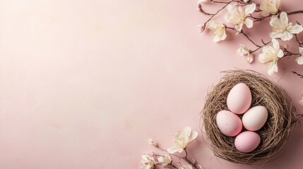 A pastel pink background with Easter eggs 