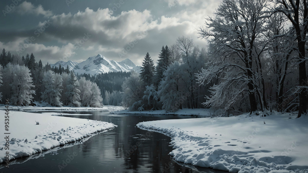 Poster Winter serenity in snowy landscape winter landscape background