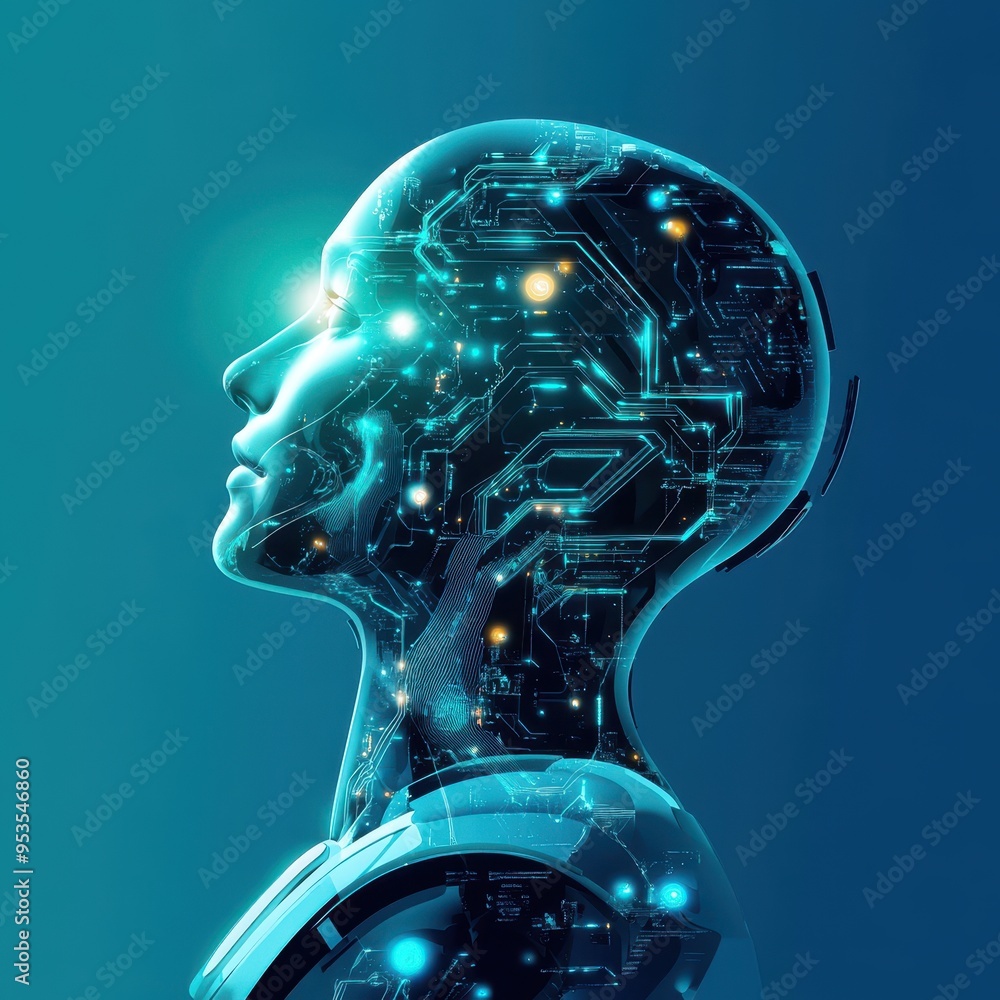 Aufkleber futuristic ai robot head with glowing circuits, side view on blue background, representing artificia