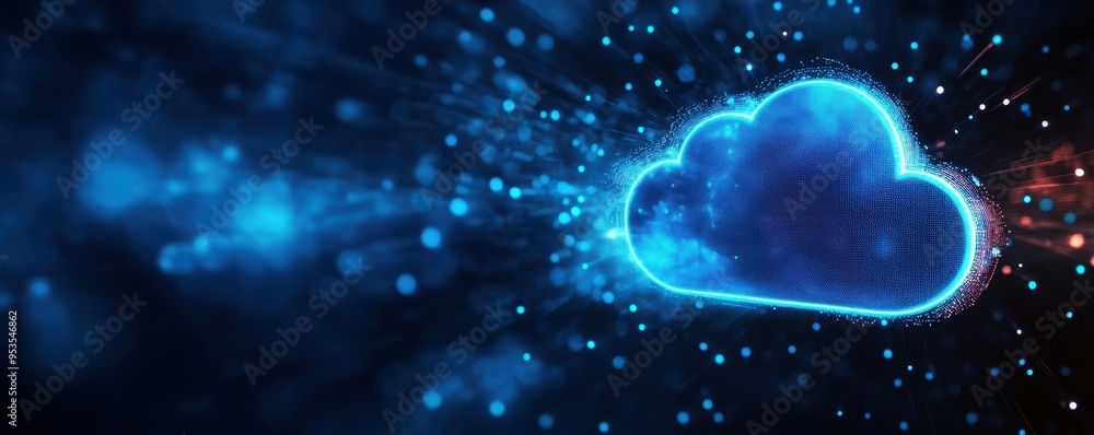Poster futuristic blue digital cloud on a dark background, representing cloud computing, data storage, and 