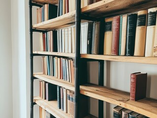 Rustic Wooden Bookshelf Filled with Vintage Books in Cozy Home Library Setting