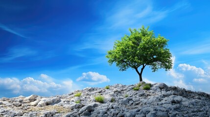 Solitary green tree on rocky terrain, framed by a vibrant blue sky, representing nature's resilience