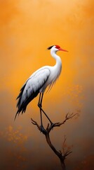 Naklejka premium Elegant crane perched on a branch against a vibrant orange sunset, showcasing natural beauty and wildlife in a serene moment.