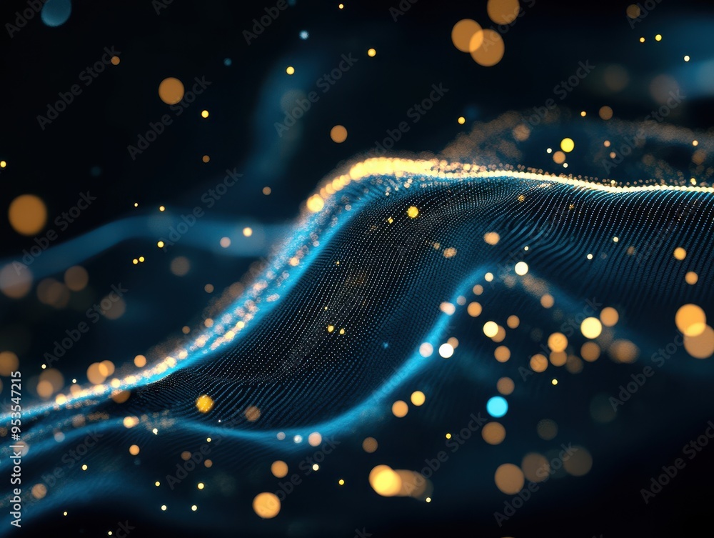 Poster dynamic abstract lines and glowing particles on a dark background, ideal for technology and futurist