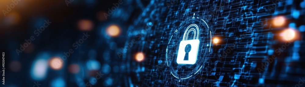 Poster digital security technology represented by a padlock icon on a blue circuit board background symboli