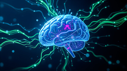 Digital mind as brain shaped with blue neural connection lines and glowing CPU with data transferring information artificial intelligence concept.  Future, science modern technology. AI generated
