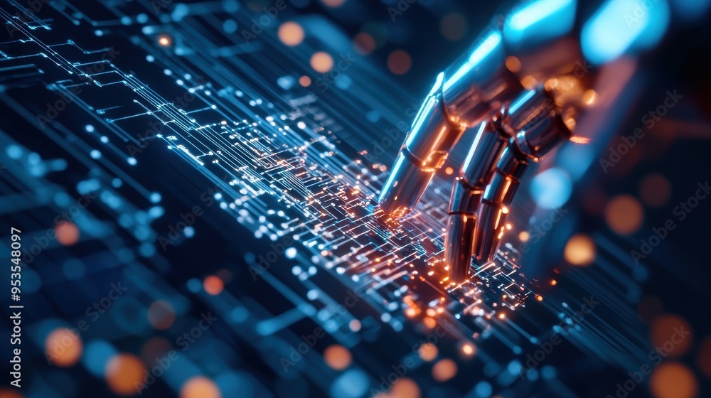 Aufkleber close-up of a robotic hand interacting with a digital circuit board, symbolizing advanced technology