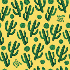 Green and Yellow Cacti Seamless Vector Pattern, Colorful Succulents Background