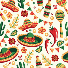 Mexican Cinco de Mayo Holiday Vector Seamless Pattern with Guitar and Maraca. Latin Ethnic Festive Background Design