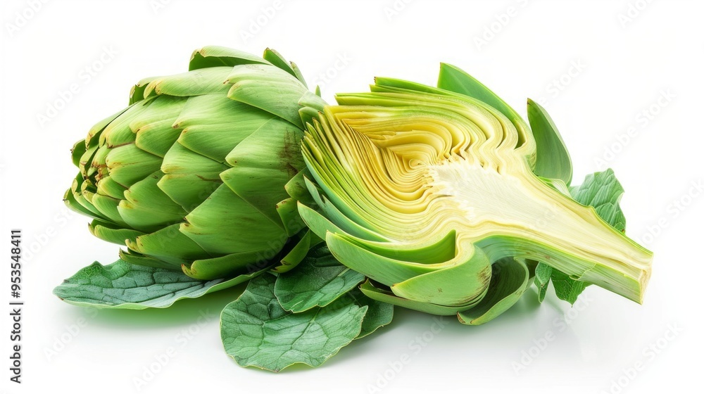 Wall mural Fresh artichoke vegetable on a white background. A healthy choice for various dishes. Perfect for salads and cooking. This image captures the natural beauty and details of green artichokes. AI