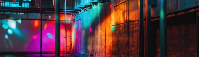 Colorful Industrial Interior with Vibrant Lighting and Reflections on Concrete Walls