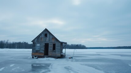 A solitary fishing shack on a frozen lake.