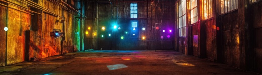 Naklejka premium Colorful Light Installation in an Industrial Warehouse with Rustic Walls and Large Windows
