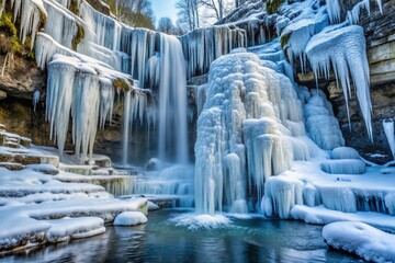 A frozen waterfall with icicles hanging from the edges