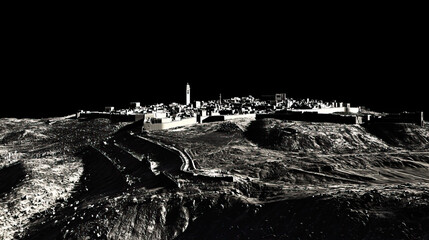 Technical aerial visual, 3D LiDAR GIS aerial map satellite scan model isolated, showing Rabat, Morocco. Elevation, topography, render