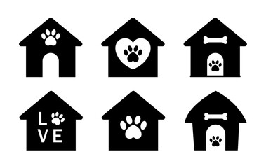 Doghouse kennel vector icon. Doghouse icon with bone, love, heart and paw symbol set. Doghouse vector Icon set in black and white color different shape. Vector illustration.