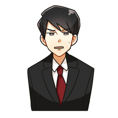 スーツを着た若いビジネスマンの男性が不安な顔をしているバストアップの漫画風イラスト