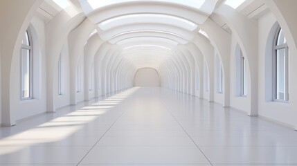 A spacious, modern, white hallway with arched ceilings and large windows, ideal for a minimalist and futuristic architectural look.