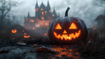 Fototapeta premium Jack O Lantern in Front of Haunted Castle at Night