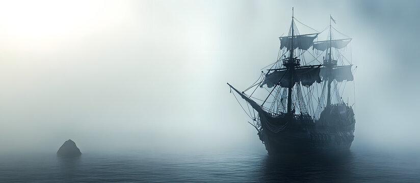 Ghostly pirate ship in the mist With copyspace for text
