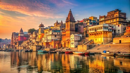 Naklejka premium Colorful ruins and historical buildings on the banks of river Ganges during sunset in Varanasi, India, Varanasi