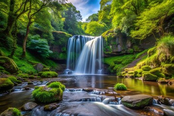 Obraz premium Merdai Falls in June presents a serene, idyllic scene, with the waterfall's gentle flow creating a sense of peacefulness and tranquility.