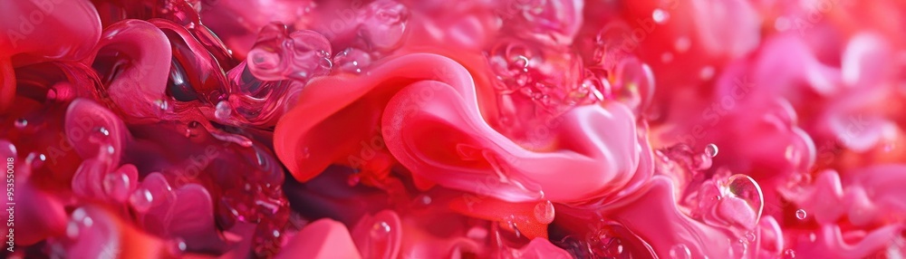 Poster a close-up image of bright pink and red abstract shapes and textures, featuring flowing forms and in