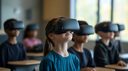 Children Using Virtual Reality Headsets in a Classroom for Learning