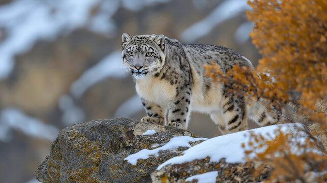 Snow leopard, a wildlife winter wonder, in nature mountain habitat, as a big predator and hunter, featuring a large carnivore animal, with a cat's fur and feline features