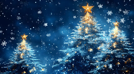 Sparkling Christmas Trees with Golden Stars and Snowflakes on Blue Background
