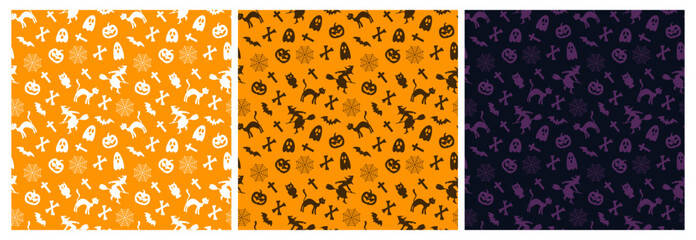 Halloween vector seamless pattern. Witch, bats, bones, pumpkins, crosses, spider webs, ghosts. Pattern in 3 shades