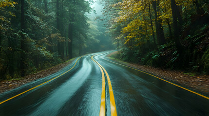 Fototapeta premium Winding Road Through Forest in Rain