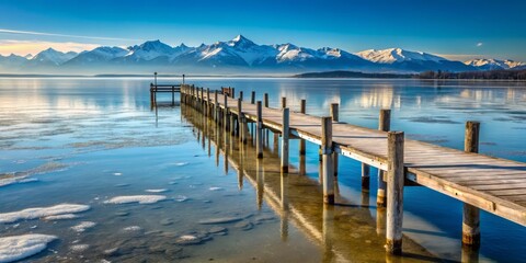 Fototapeta premium Lake Constance in January rustic wooden pier stretching into the frozen lake, snow-covered mountains rising in the distance