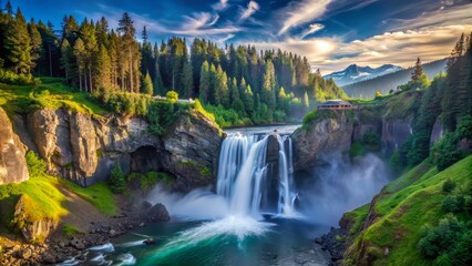 Fototapeta premium Snoqualmie Falls in the morning vivid blue morning sky above misty waters flowing over rocky cliffs