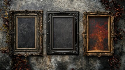 Three Antique Picture Frames on a Gray Background