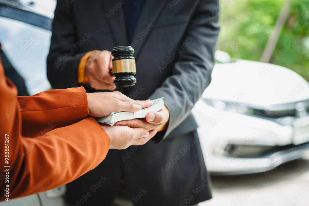 Wall mural two asian individuals discuss a car insurance claim with an agent in front of a damaged vehicle. the