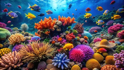 Close up shot of a vibrant, colorful coral reef with a variety of marine life swimming around, coral, reef © Vibrant Visions Pixe