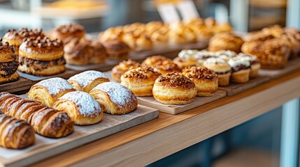 A delicious assortment of freshly baked pastries displayed on wooden trays in a bright cafe setting.