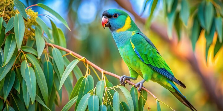 Australian Ringneck parrot perched on a branch in a eucalyptus tree, parrot, Australian, Ringneck, bird, colorful, perched